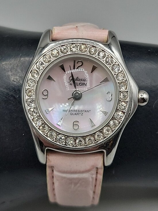 Galaxie Elgin Accessories - Galaxie Elgin Ladies Quartz Watch 6.5" Pink Leather Band 28mm Bubble MOP W1663